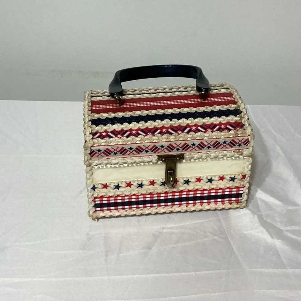 1978 Handmade Wooden Jewelry Box Purse Patriotic Decoupage Vintage Box Bag